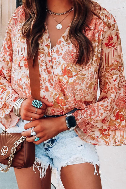 Floral Surplice Flare Sleeve Bodysuit.