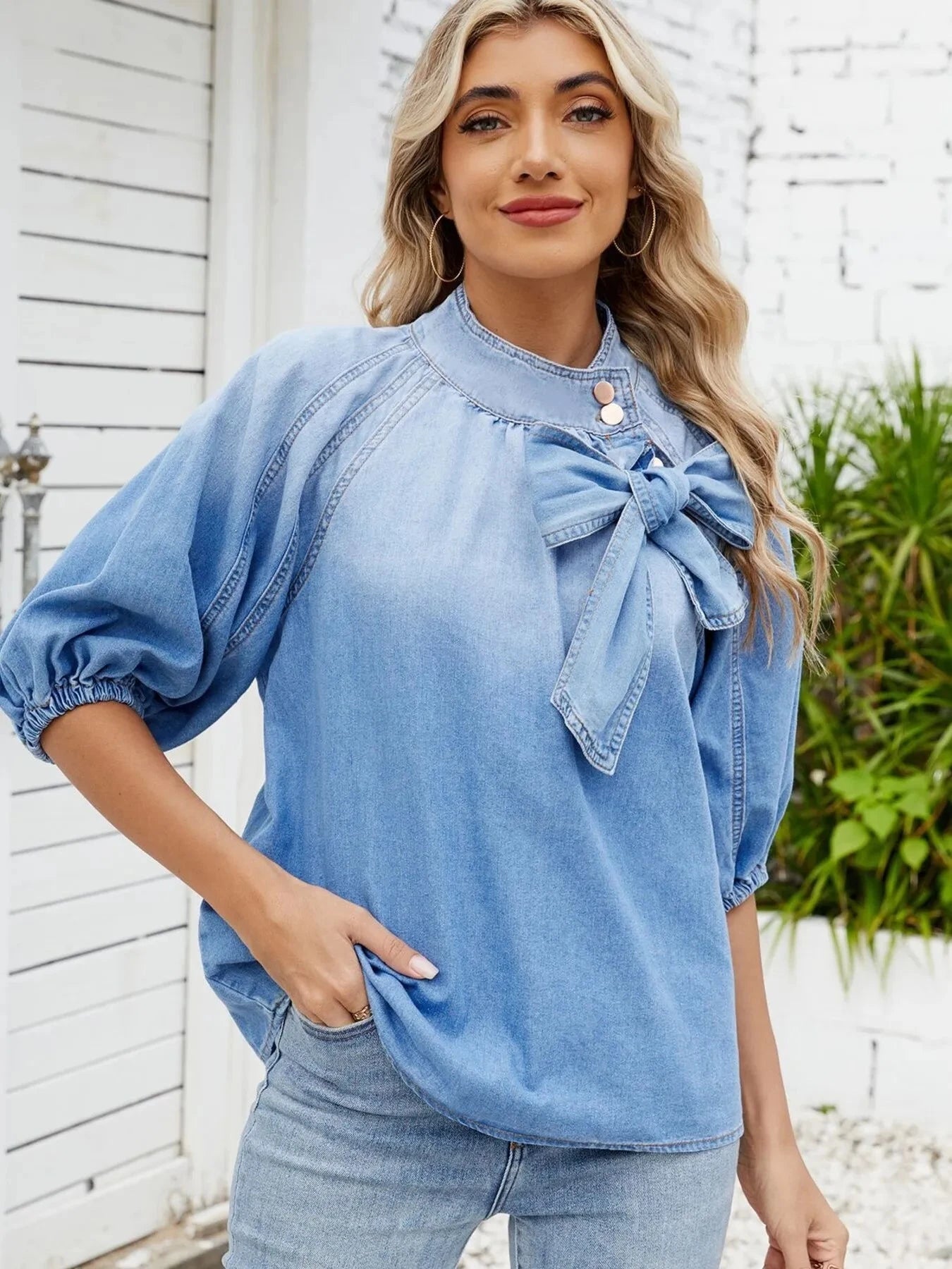 Denim Bow Tie Puff Sleeve Top Coco’s Tee Boutique
