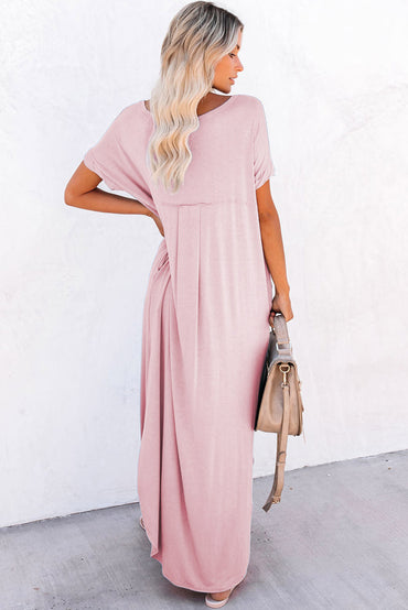 Chic pink v-neck maxi t-shirt dress with hidden pockets and side splits