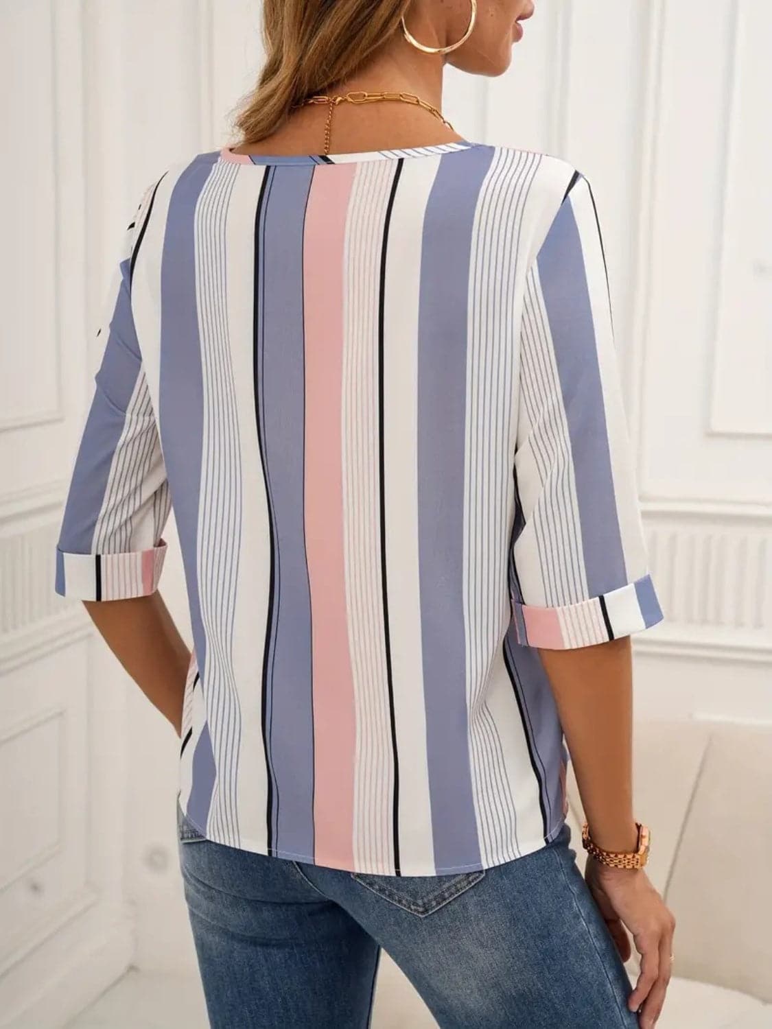 Full Size Contrast Stripes Round Neck Half Sleeve Blouse.