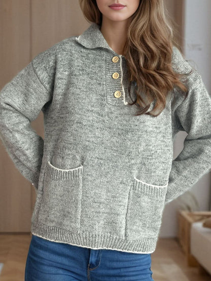 Contrast Trim Quarter Button Long Sleeve Sweater