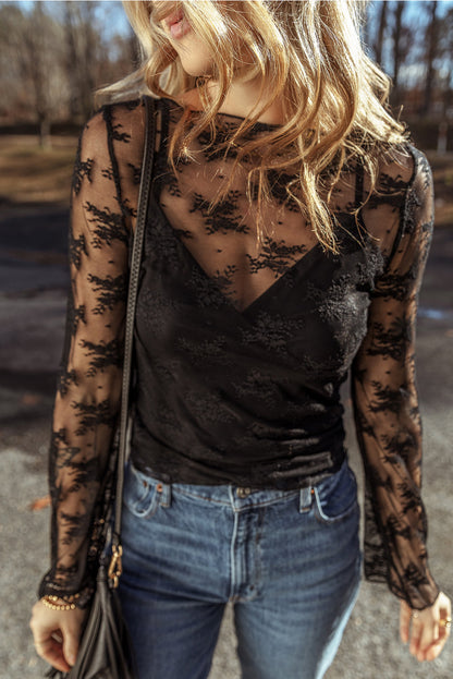 Black lace mesh crochet splicing slim fit long sleeve blouse with sheer fabric and intricate detailing.