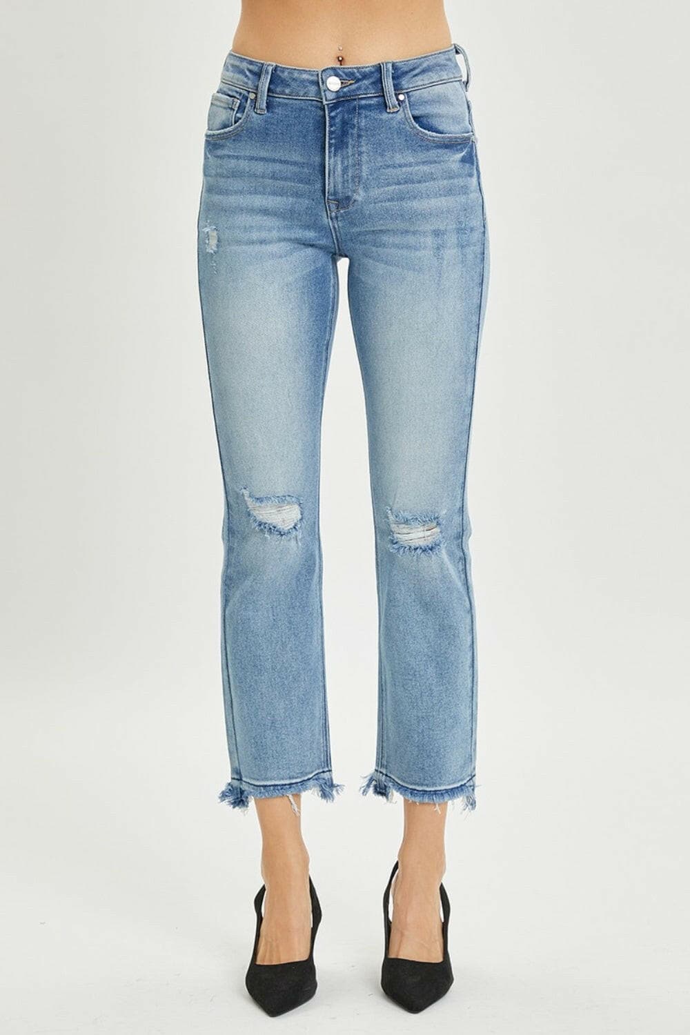 RISEN Full Size High Rise Distressed Cropped Straight Jeans.