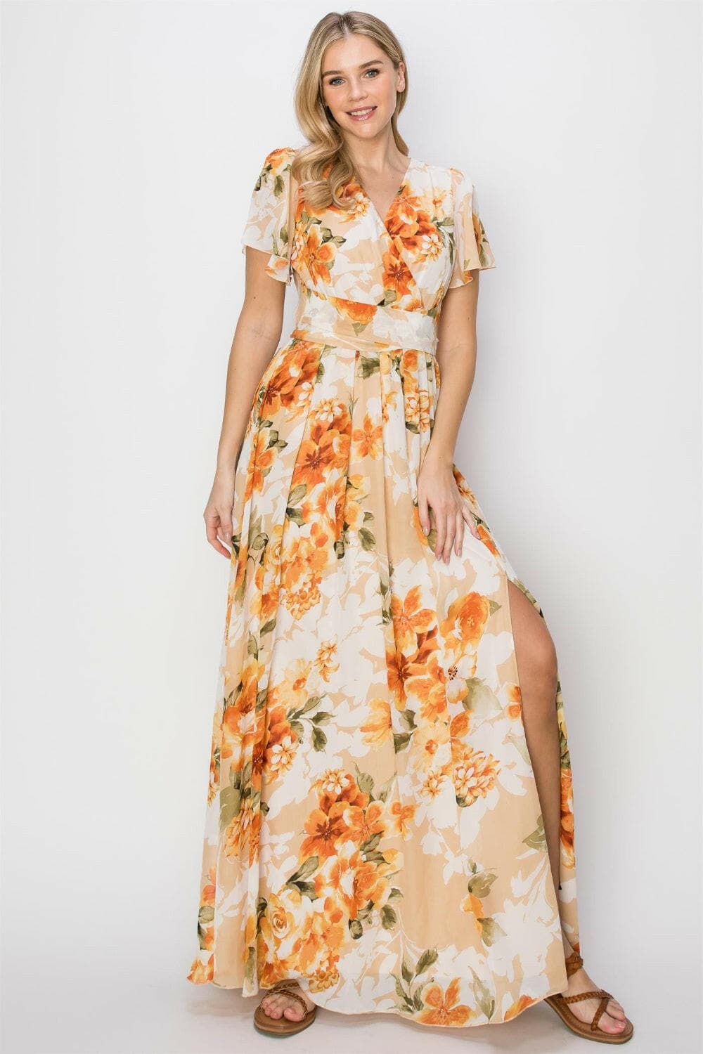 HYFVE Floral Tie Back Short Sleeve Slit Maxi Dress.