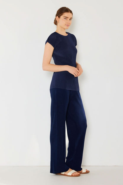 Ribbed Pleated Wide-Leg Trousers with Elastic Waist