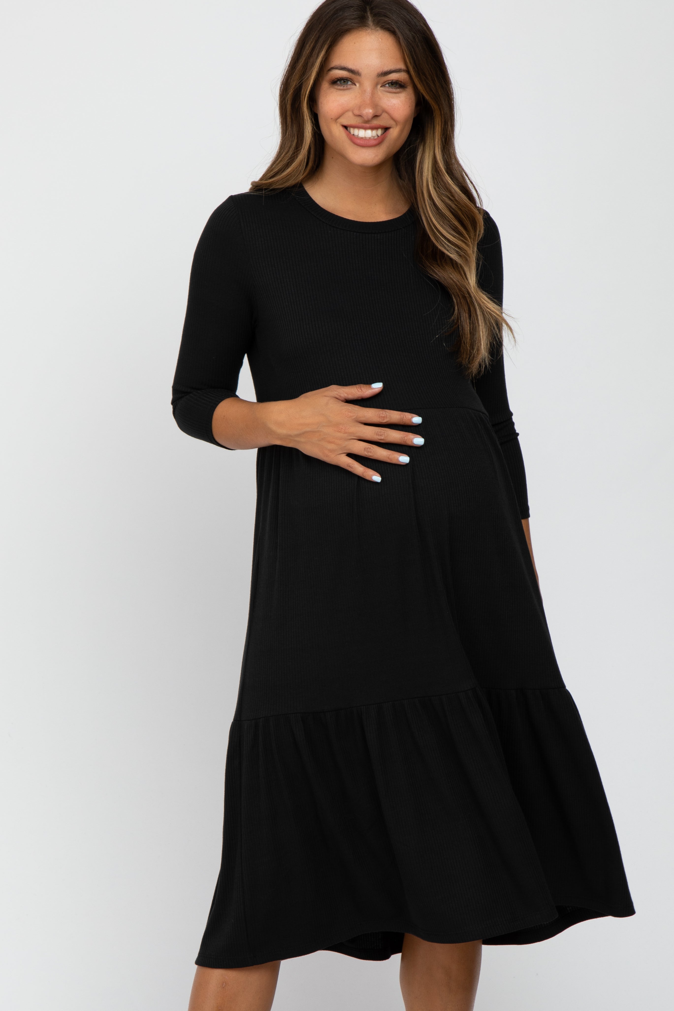 Black Tiered Ribbed 3/4 Sleeve Maternity Midi Dress PinkBlush