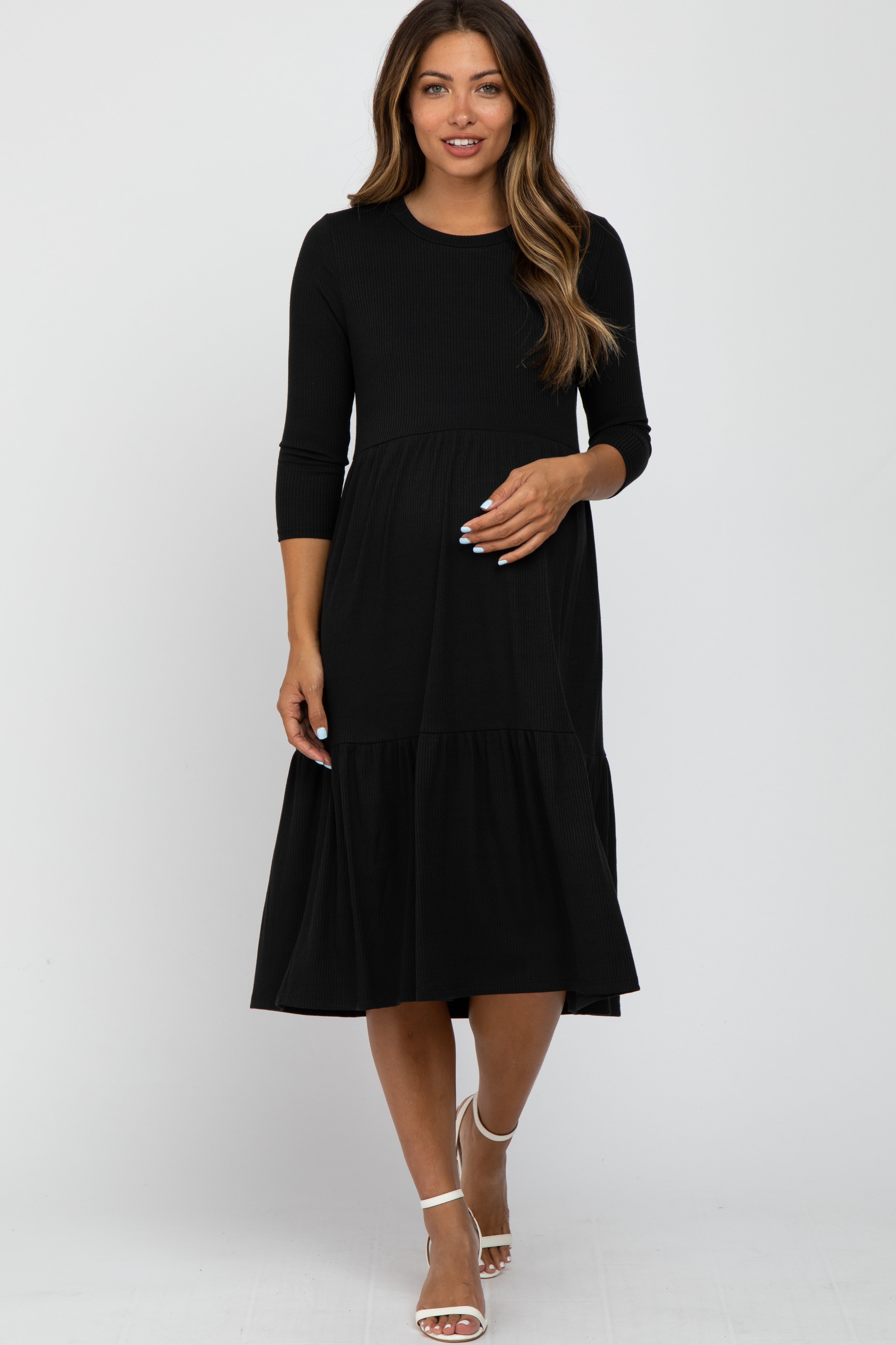 Black Tiered Ribbed 3/4 Sleeve Maternity Midi Dress PinkBlush