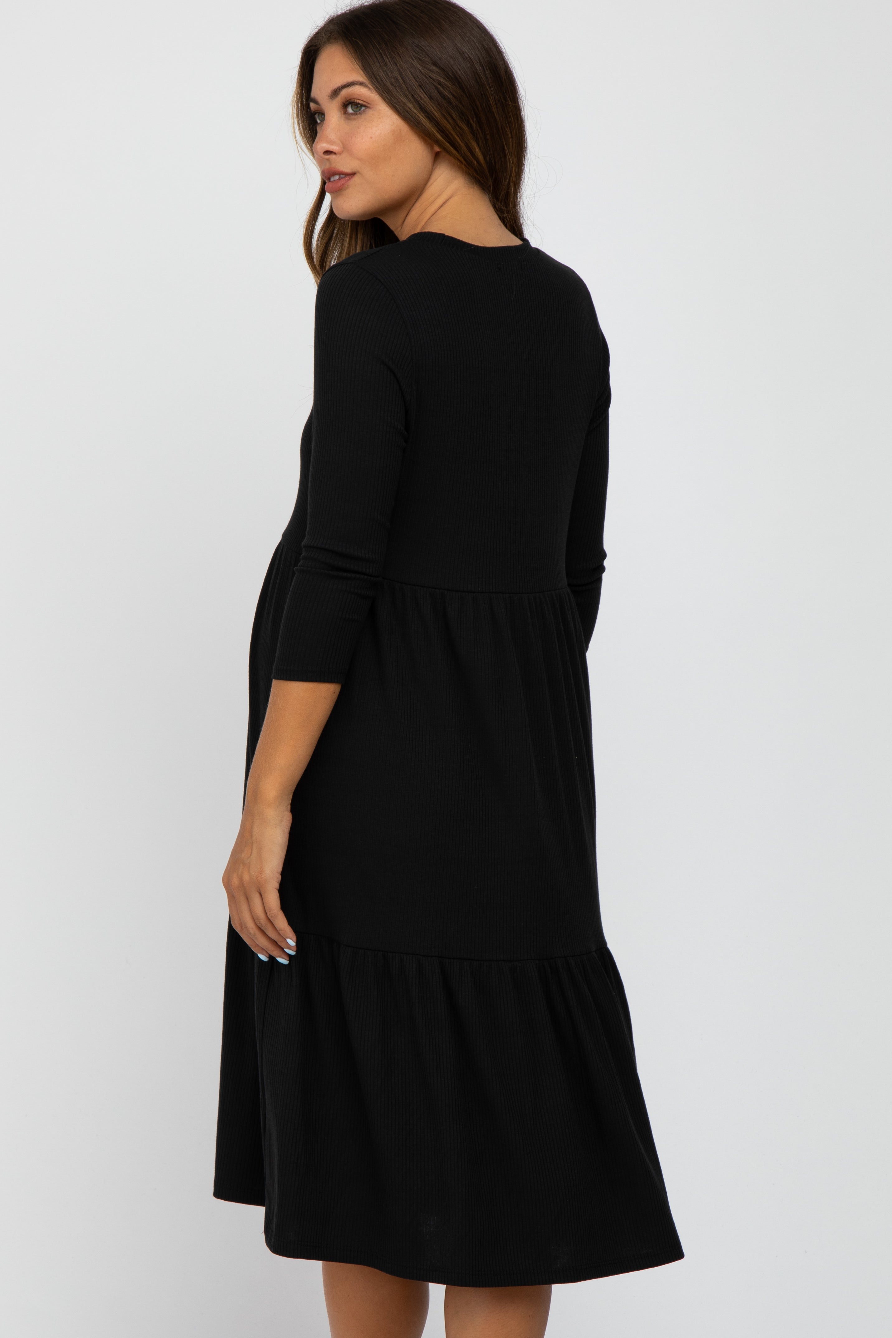 Black Tiered Ribbed 3/4 Sleeve Maternity Midi Dress PinkBlush