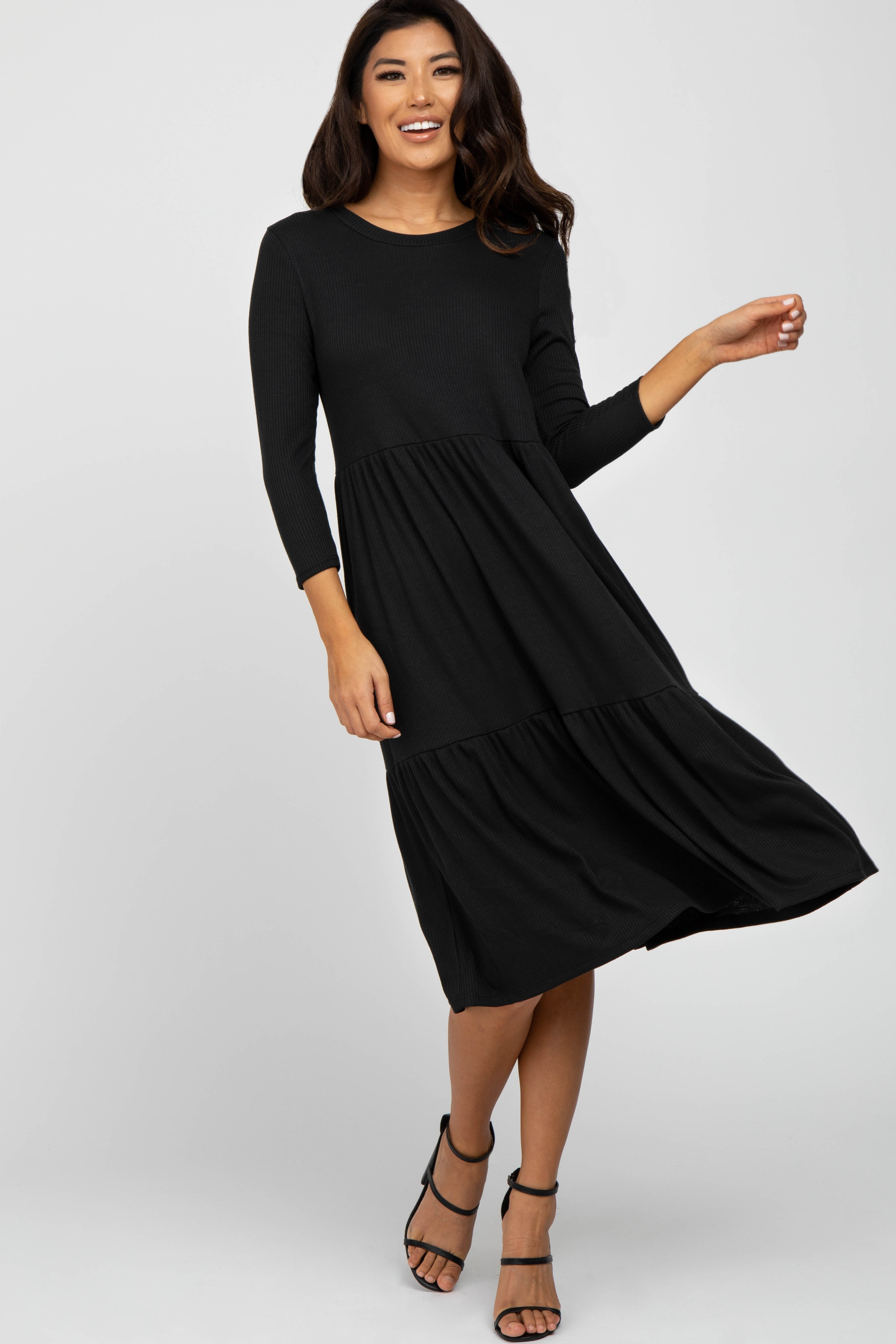 Black Tiered Ribbed 3/4 Sleeve Maternity Midi Dress PinkBlush