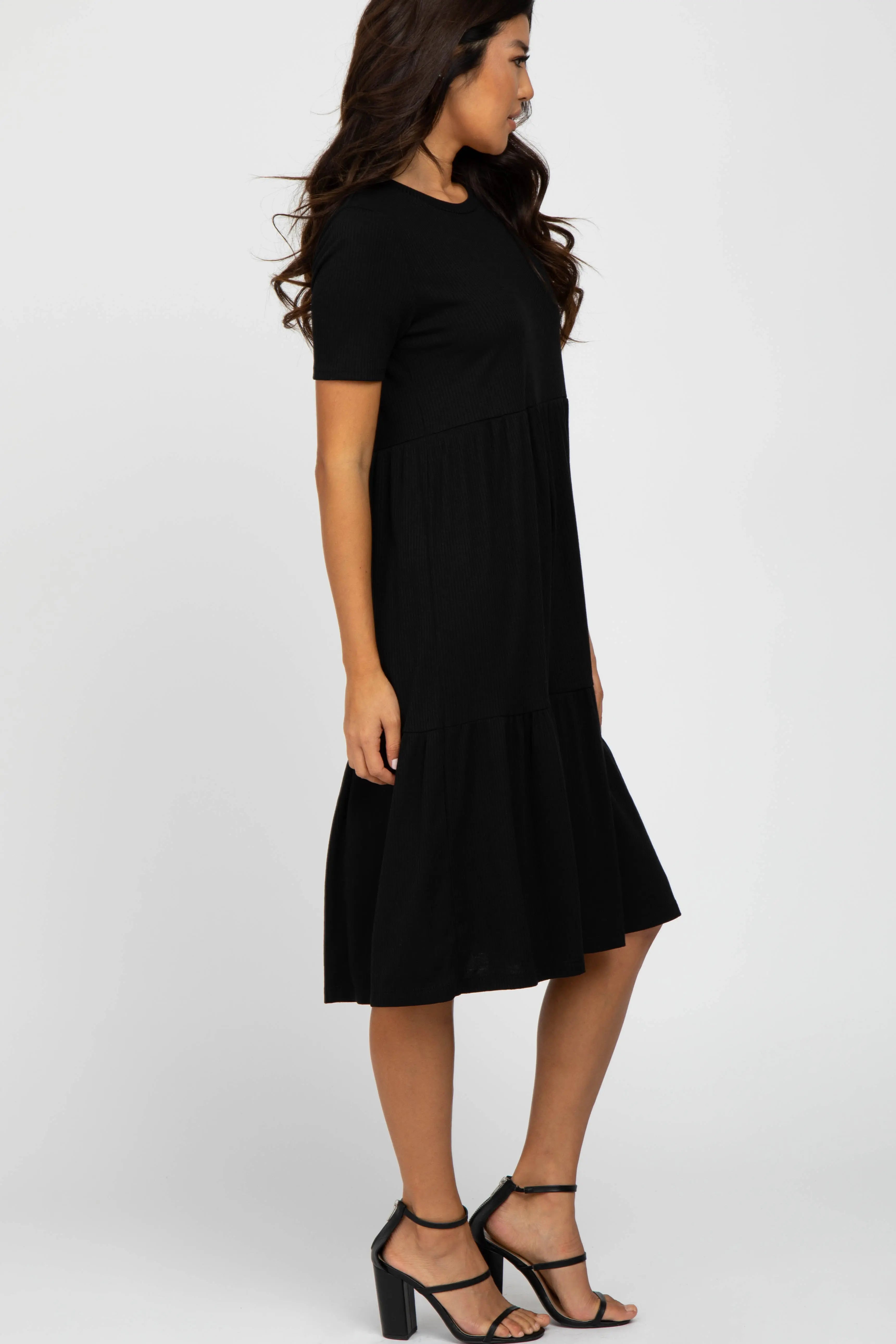 Black Ribbed Tiered Dress PinkBlush