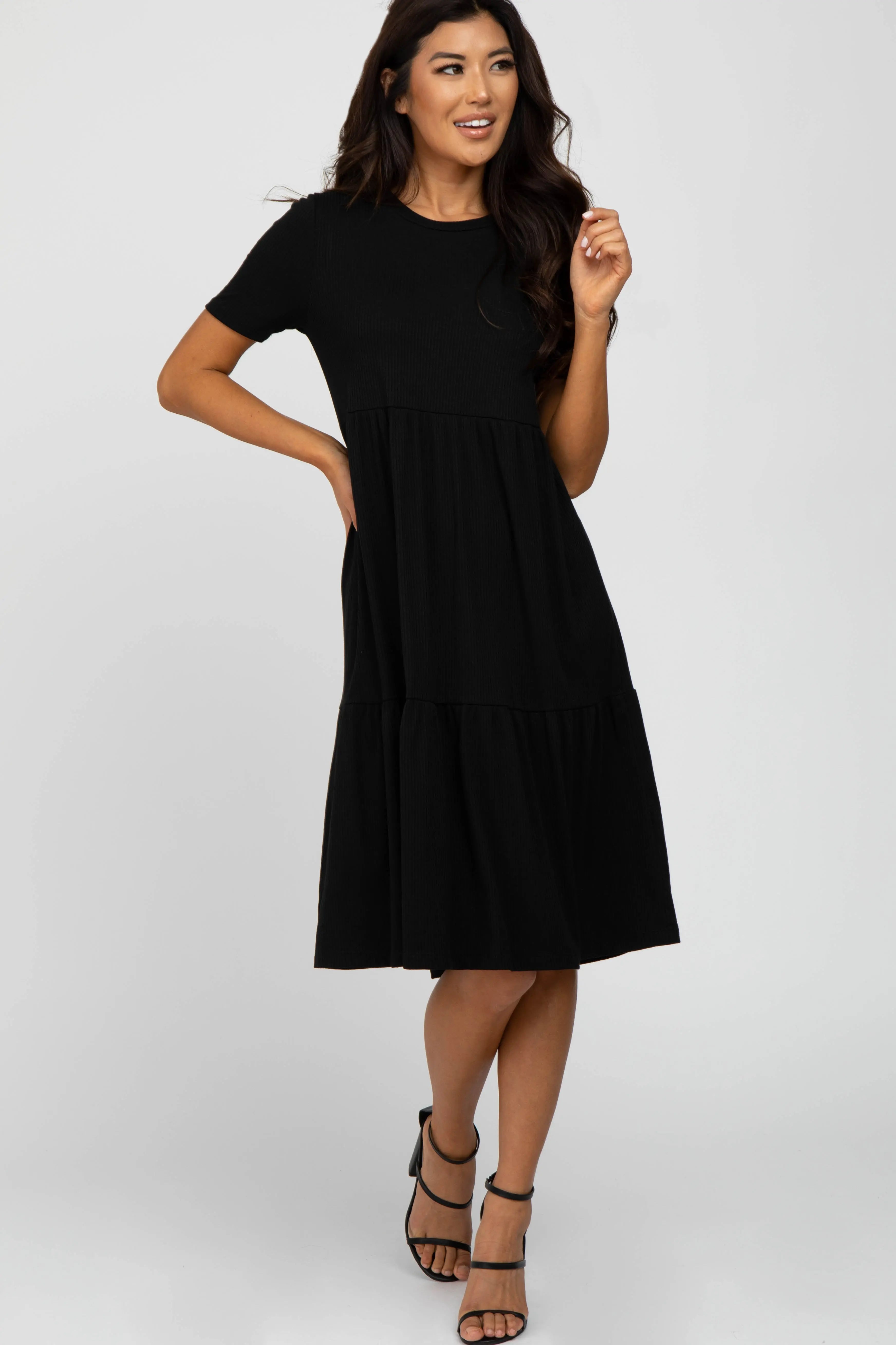 Black Ribbed Tiered Dress PinkBlush