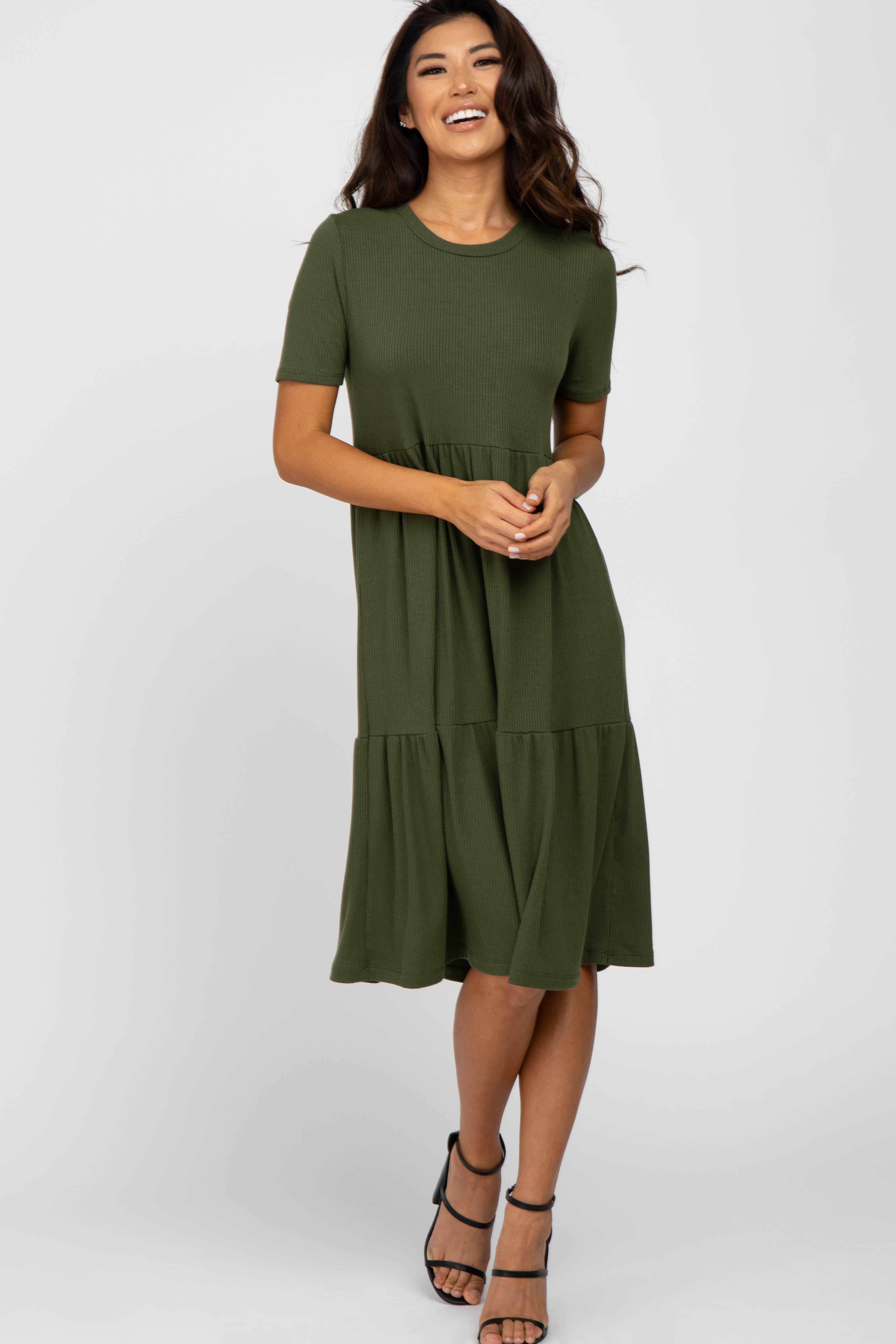 Olive Ribbed Tiered Dress PinkBlush