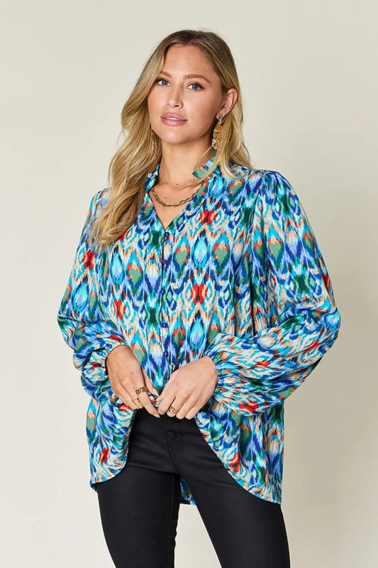 Double Take Full Size Printed Balloon Sleeve Blouse - Love Salve