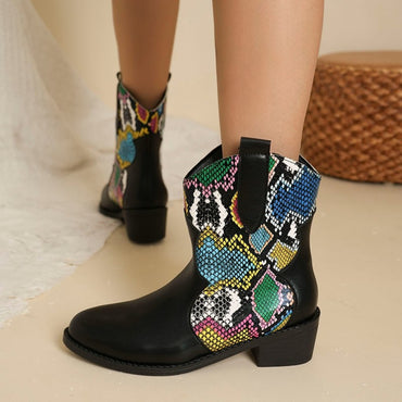 Chic Color Block PU Leather Ankle Boots