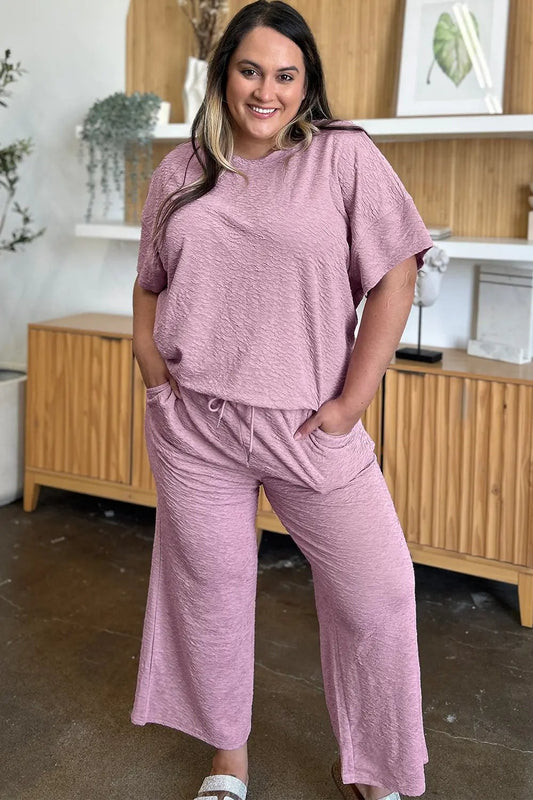 Double Take Full Size Texture Short Sleeve Top and Pants Set - Love Salve
