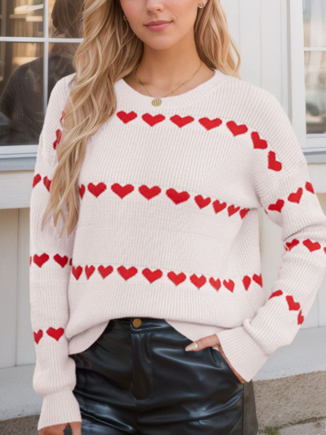 Cozy heart-patterned long sleeve sweater