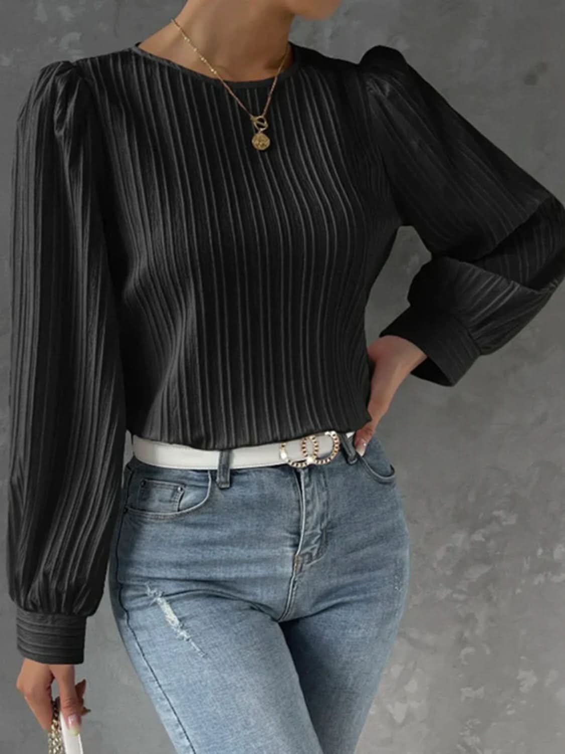 Classic Opaque Long Sleeve Round Neck Blouse