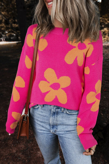 Flower Round Neck Long Sleeve Sweater.