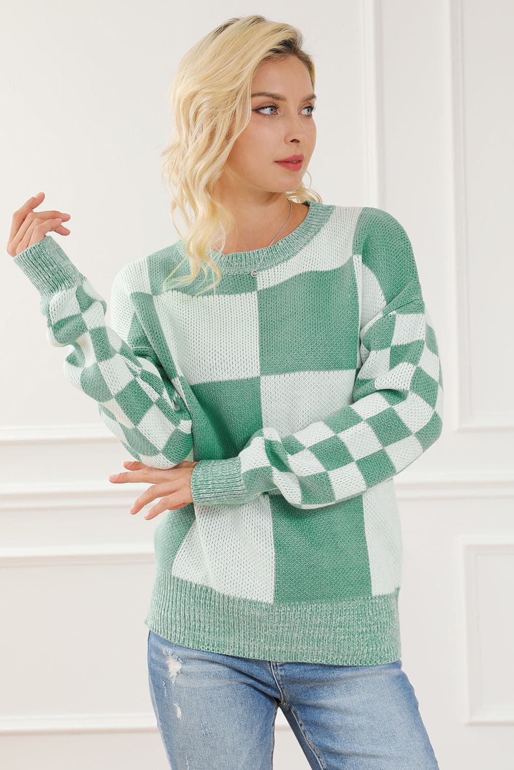 Checkered Drop Shoulder Long Sleeve Sweater.