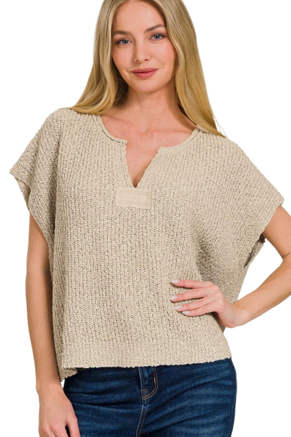 Zenana side slit short sleeve sweater with lightweight knit and unique side slits.