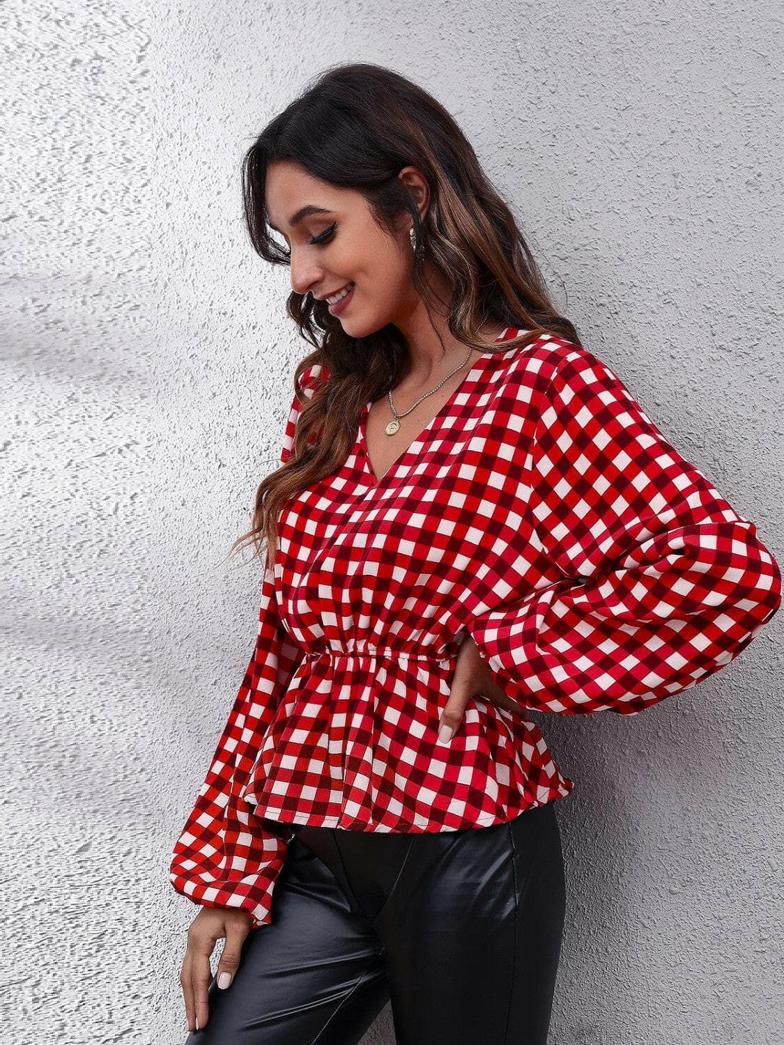 Plaid V-Neck Balloon Sleeve Peplum BlouseStay Chic with Our Plaid V-Neck Balloon Sleeve Peplum Blouse
 Enhance your wardrobe with our stylish Plaid V-Neck Balloon Sleeve Peplum Blouse that effortlessly combLove Salve -Neck Balloon Sleeve Peplum BlouseBlouses