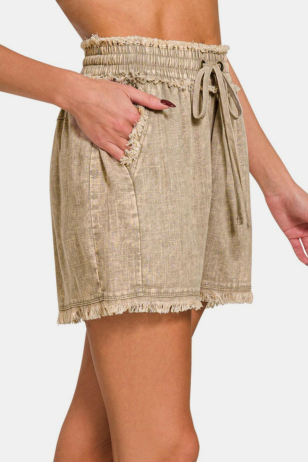 Zenana Washed Linen Frayed Hem Drawstring Shorts.