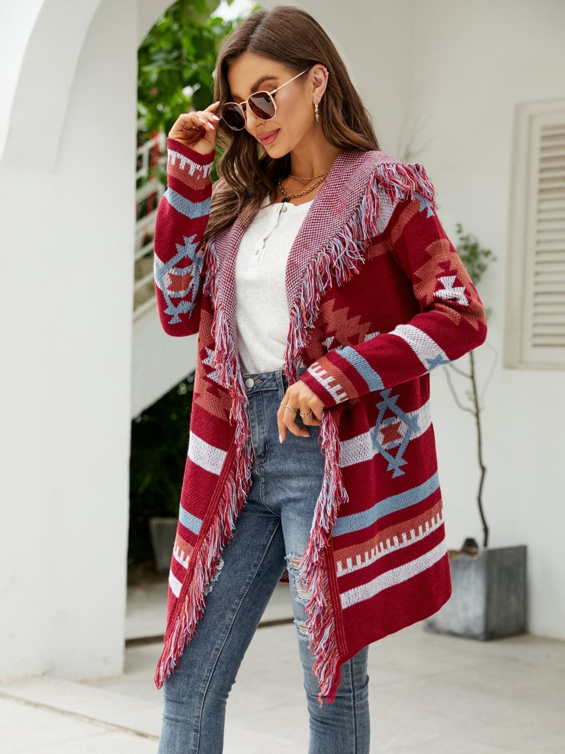 Fringe Geometric Hooded Long Sleeve Cardigan.