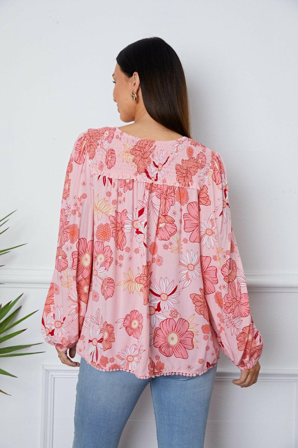 Floral Smocked Tassel Tie Balloon Sleeve Blouse.