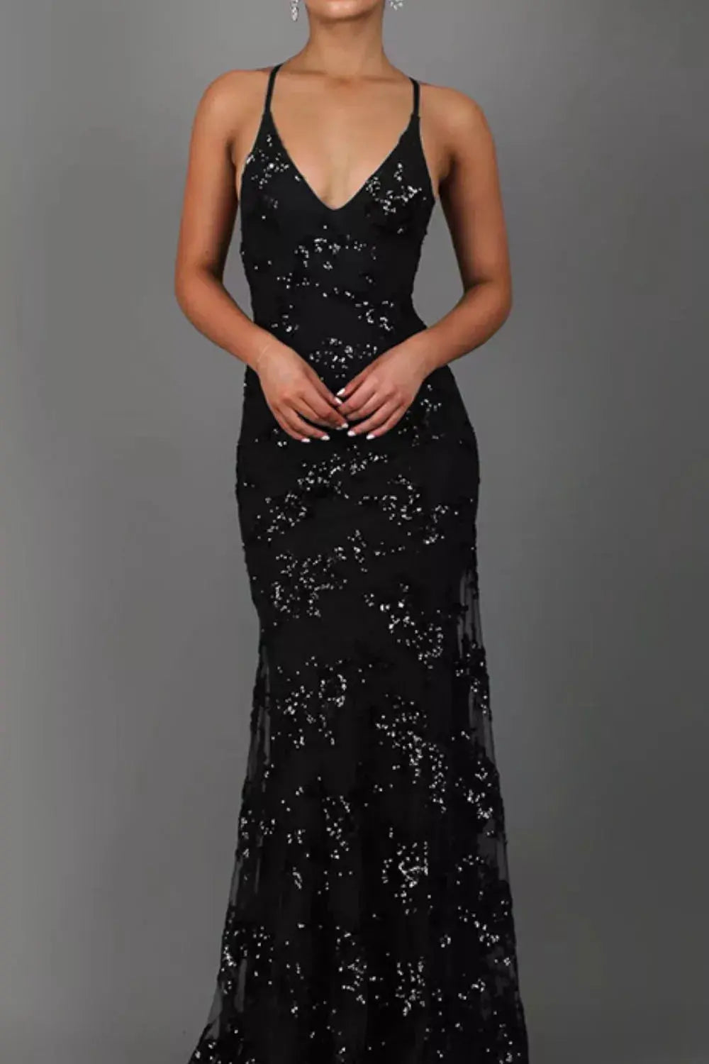 Full Size Sequin Tie Back V-Neck Maxi Dress Plus Size Simply Love