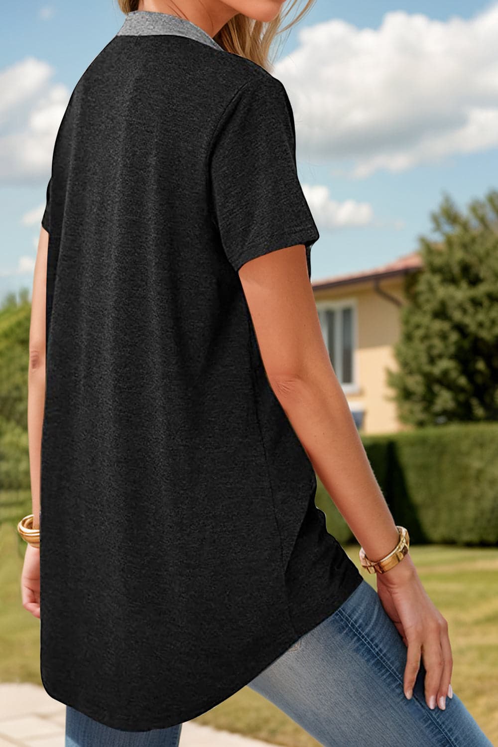 Full Size Half Button Short Sleeve T-Shirt.