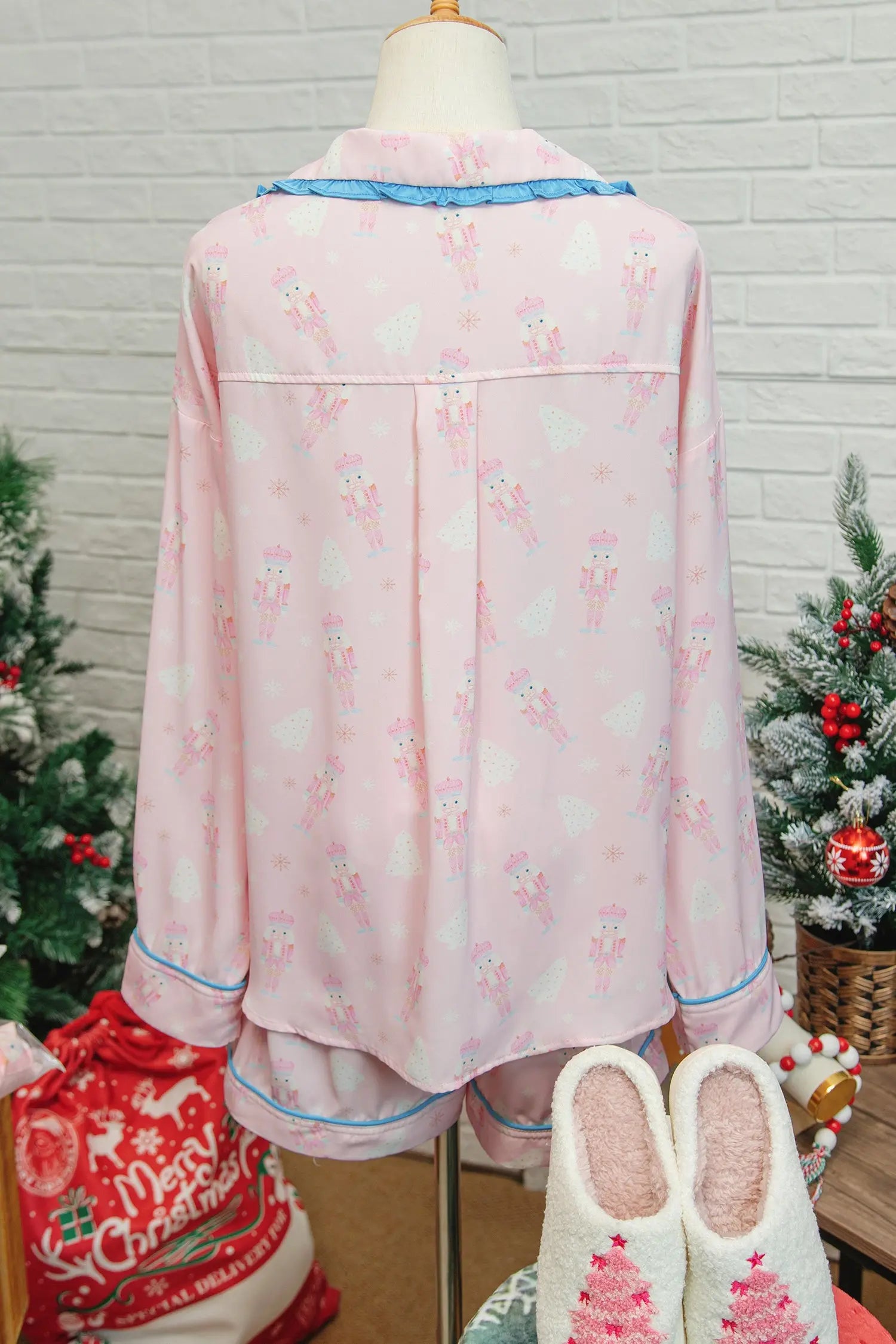 Pink Bow Tie Front Christmas Nutcracker Pajama Set With Long Sleeve Top Dear-Lover Dropshipping