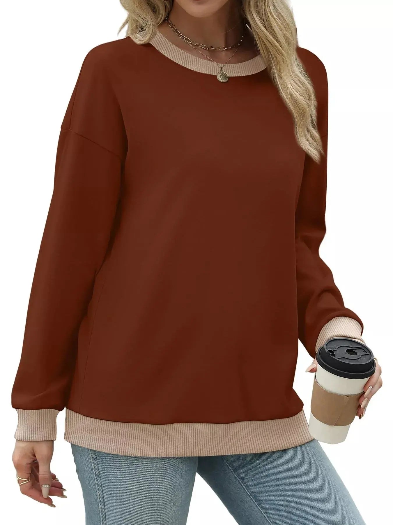 Contrast Trim Crew Neck Casual Sweatshirt Simply Love