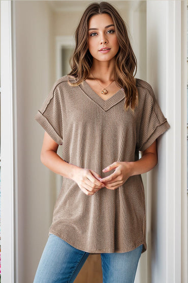 Textured V-Neck Short Sleeve Top.