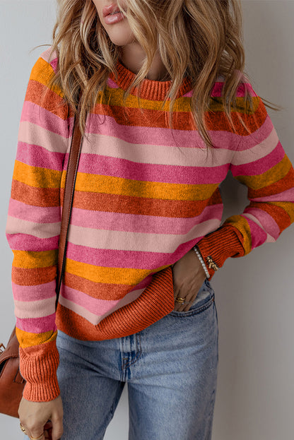 Vibrant orange color block ribbed neck sweater with long sleeves