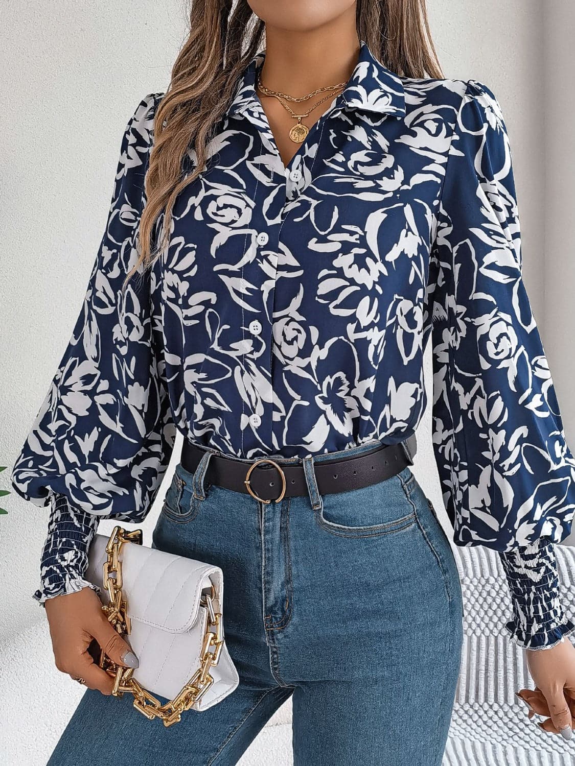 Printed Collared Neck Lantern Sleeve Shirt.