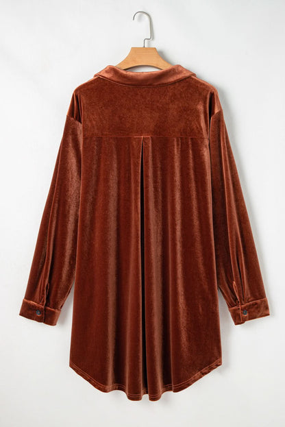 Coffee Velvet Plus Size Shift Dress with V Neck Collar and Pleated Back