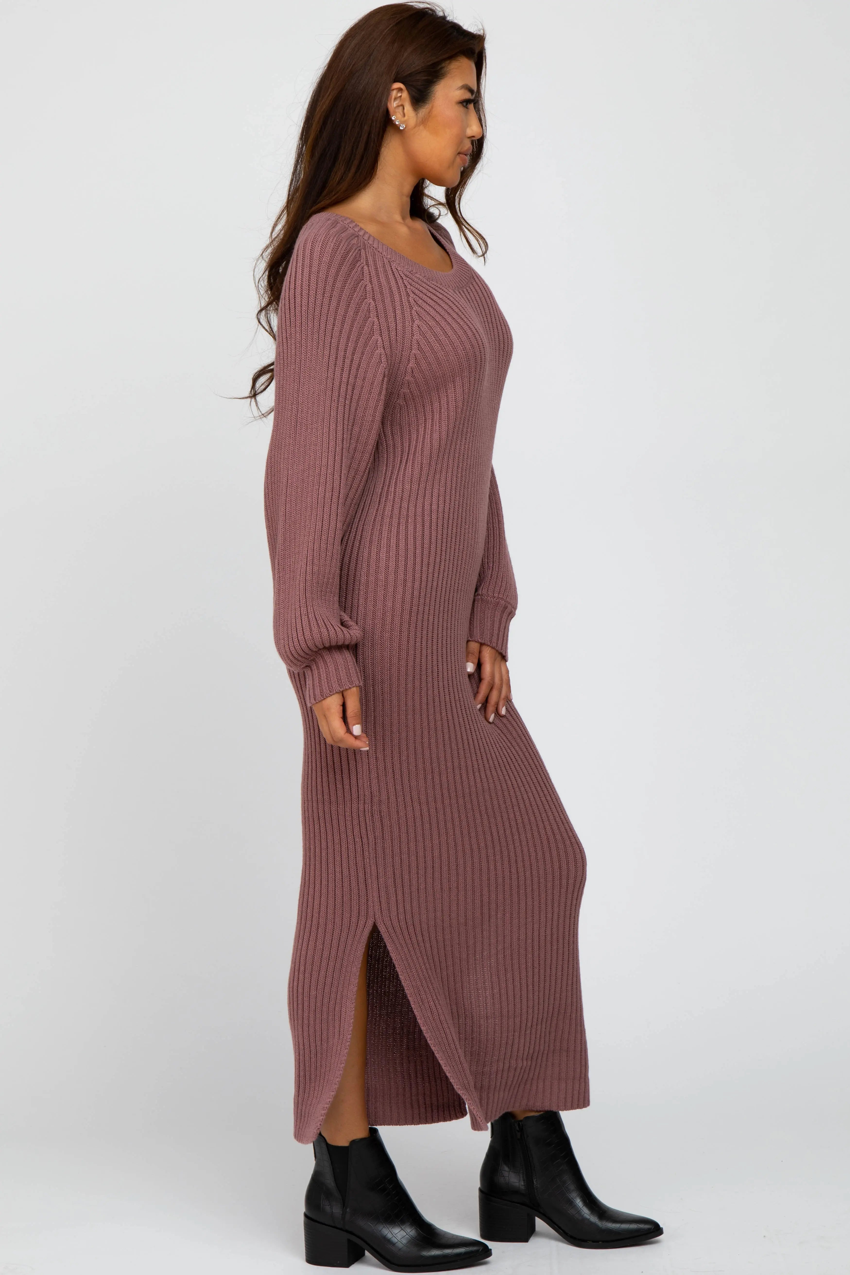 Mauve Side Slit Maxi Sweater Dress PinkBlush