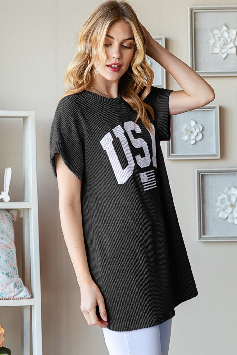 Heimish Full Size USA Graphic Short Sleeve Ribbed Top.