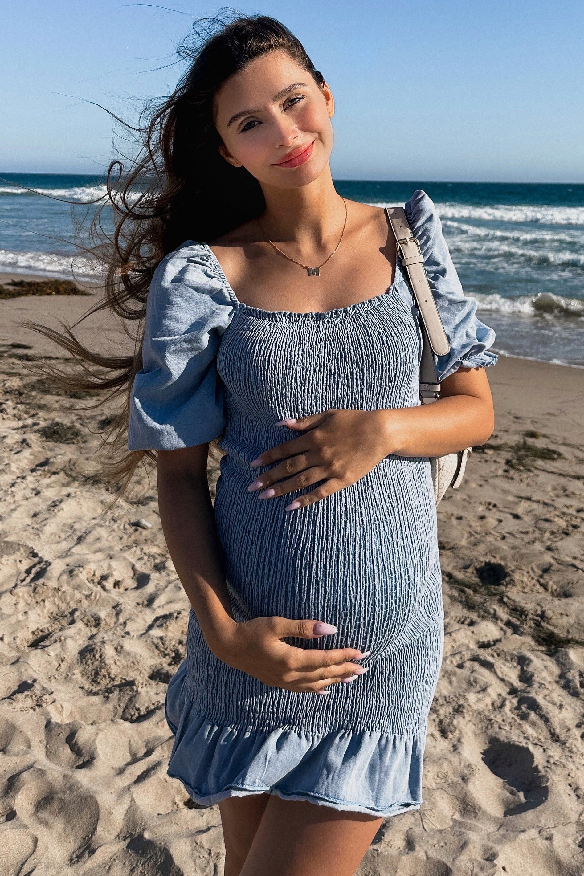 PinkBlush Light Blue Square Neck Smocked Denim Maternity Dress - Main Product Image