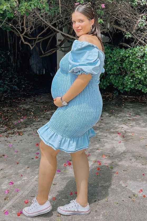 PinkBlush Light Blue Square Neck Smocked Denim Maternity Dress - Side View