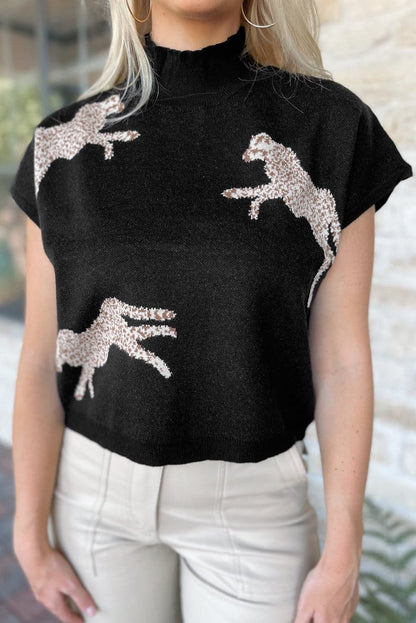 Animal Graphic Mock Neck Cap Sleeve Sweater.