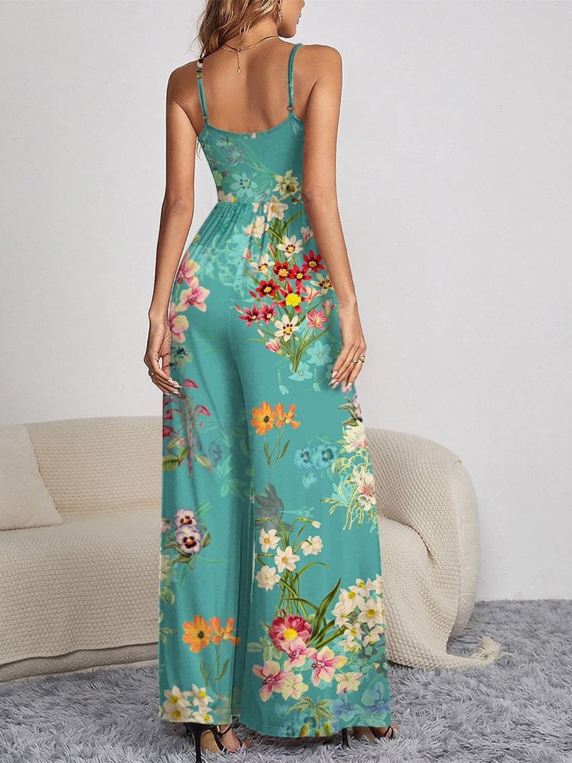 Decorative Button Spaghetti Strap Wide Leg Jumpsuit.