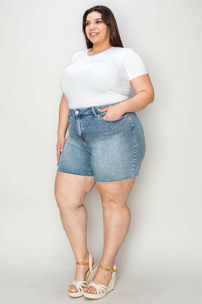 Judy Blue Full Size High Waist Raw Hem Denim Shorts.