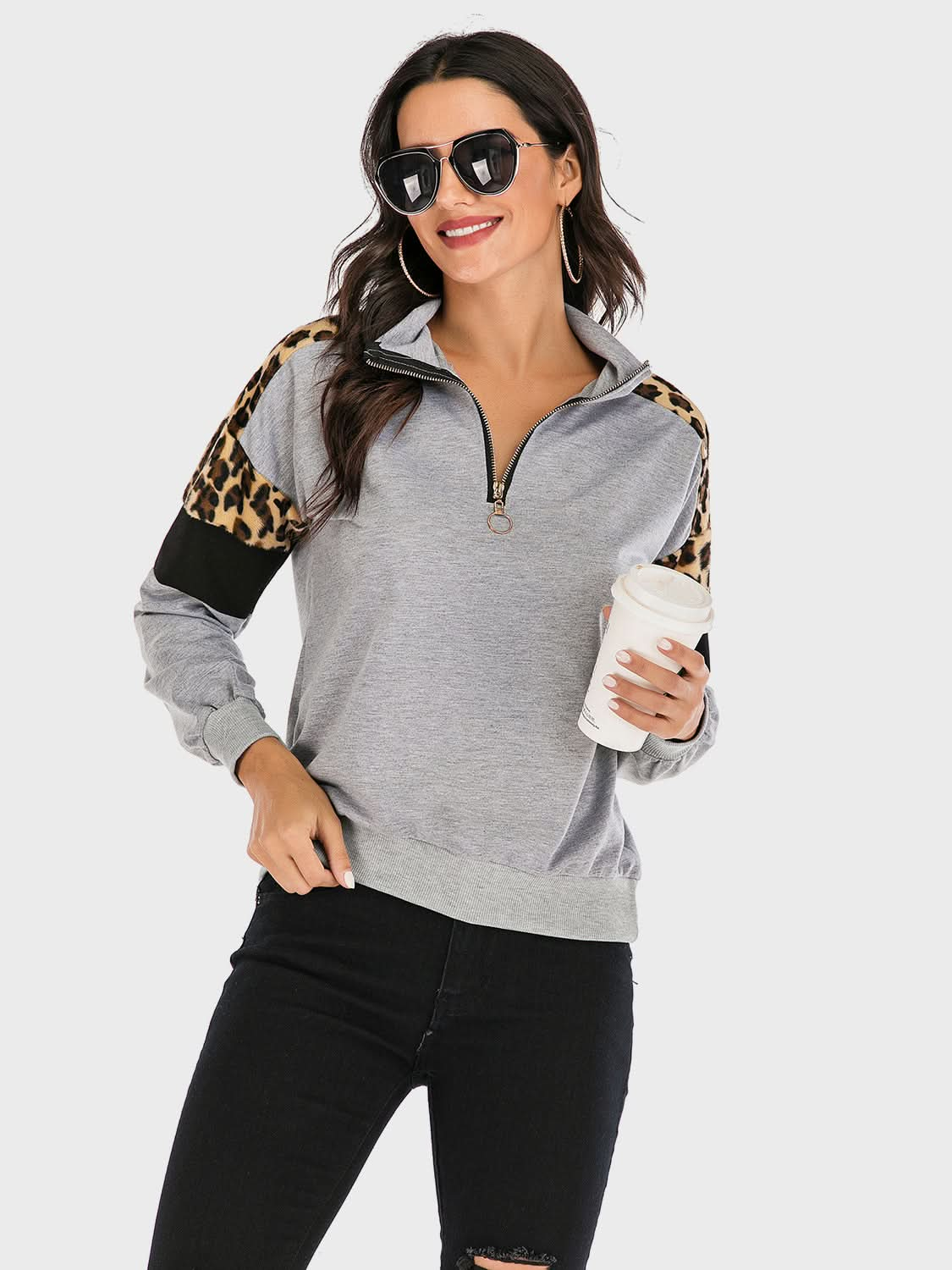 Perfee Contrast Leopard Half Zip Long Sleeve Sweatshirt