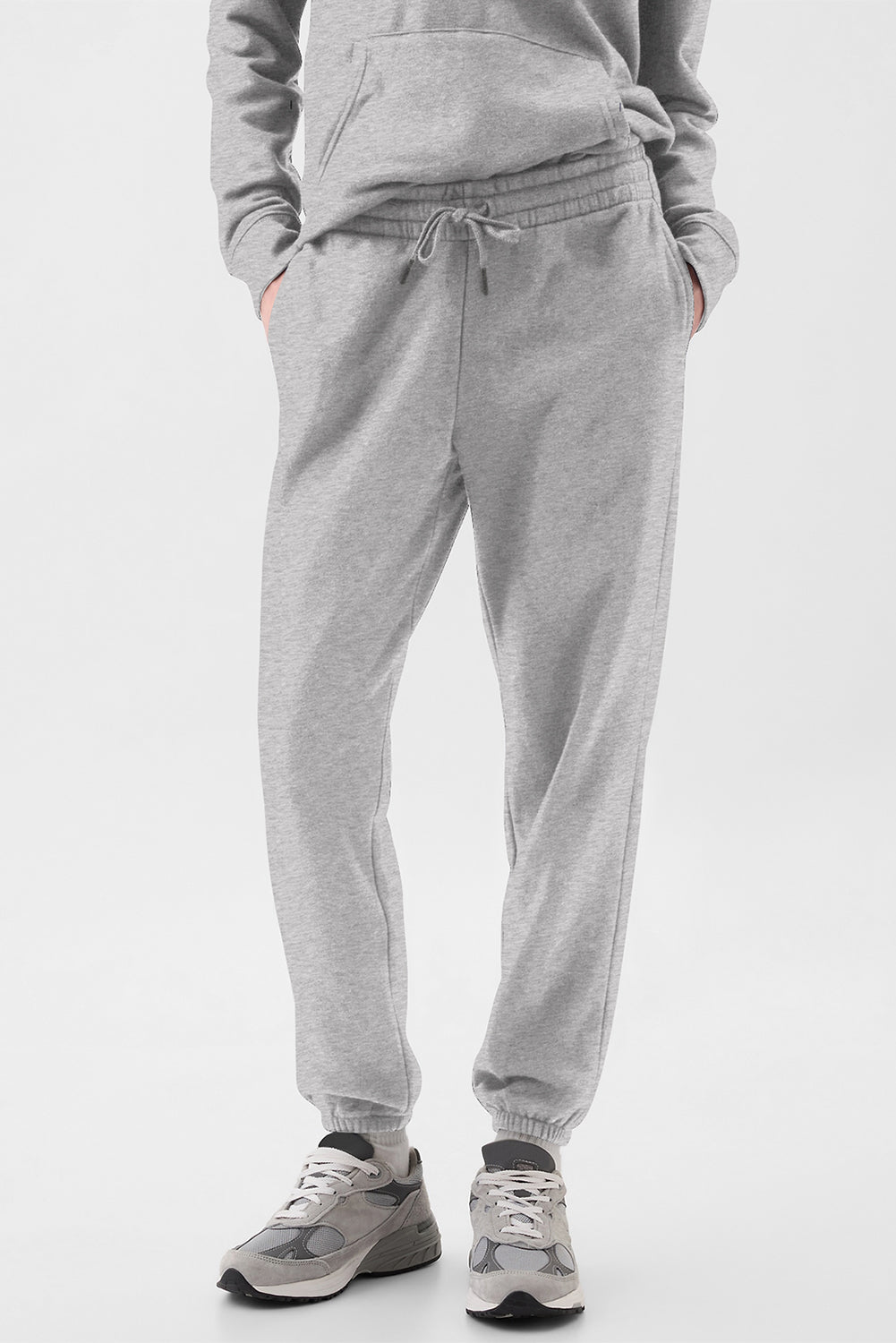 Cozy light grey fleece-lined joggers with adjustable drawstring waist