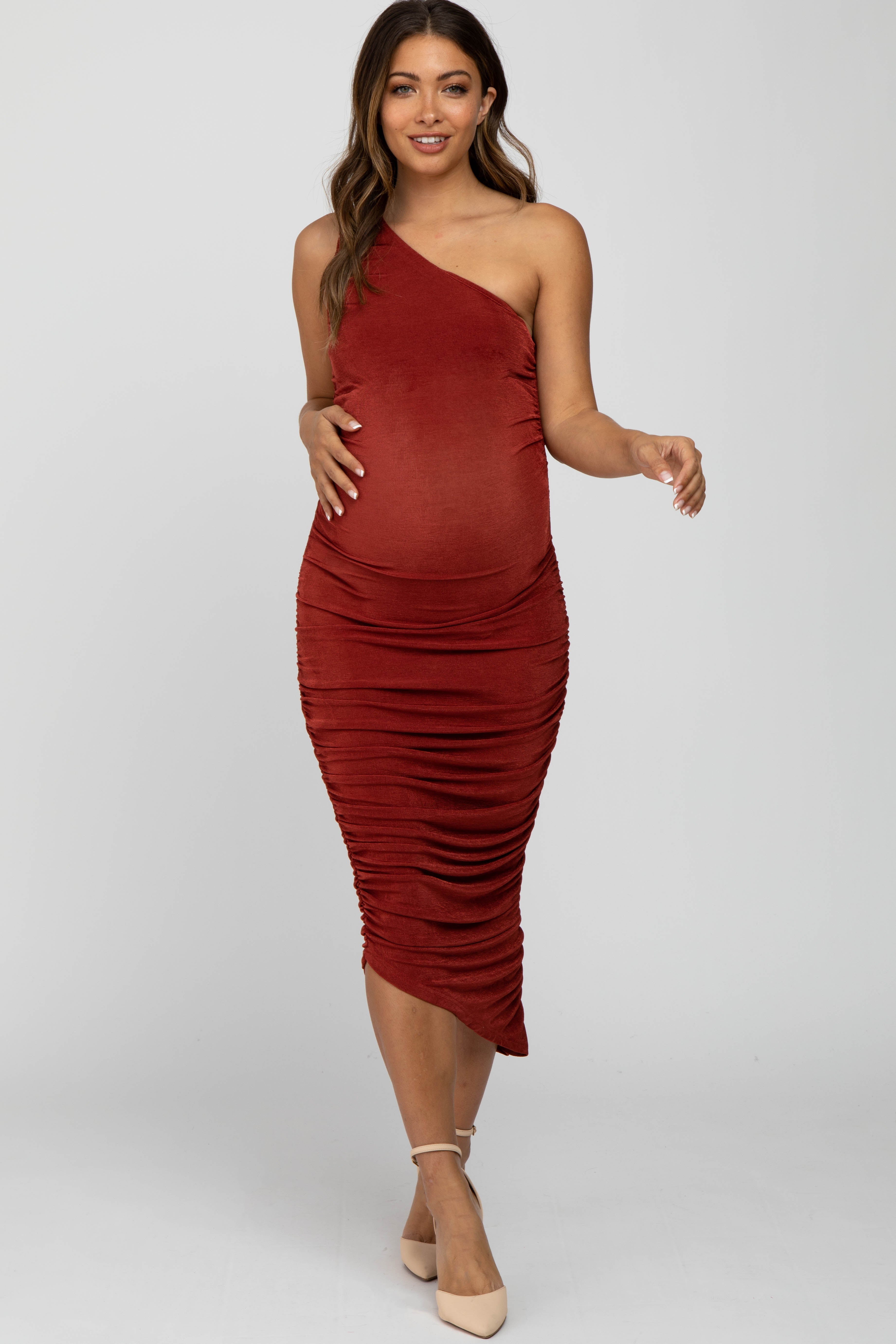 Rust One Shoulder Ruched Side Maternity Midi Dress PinkBlush