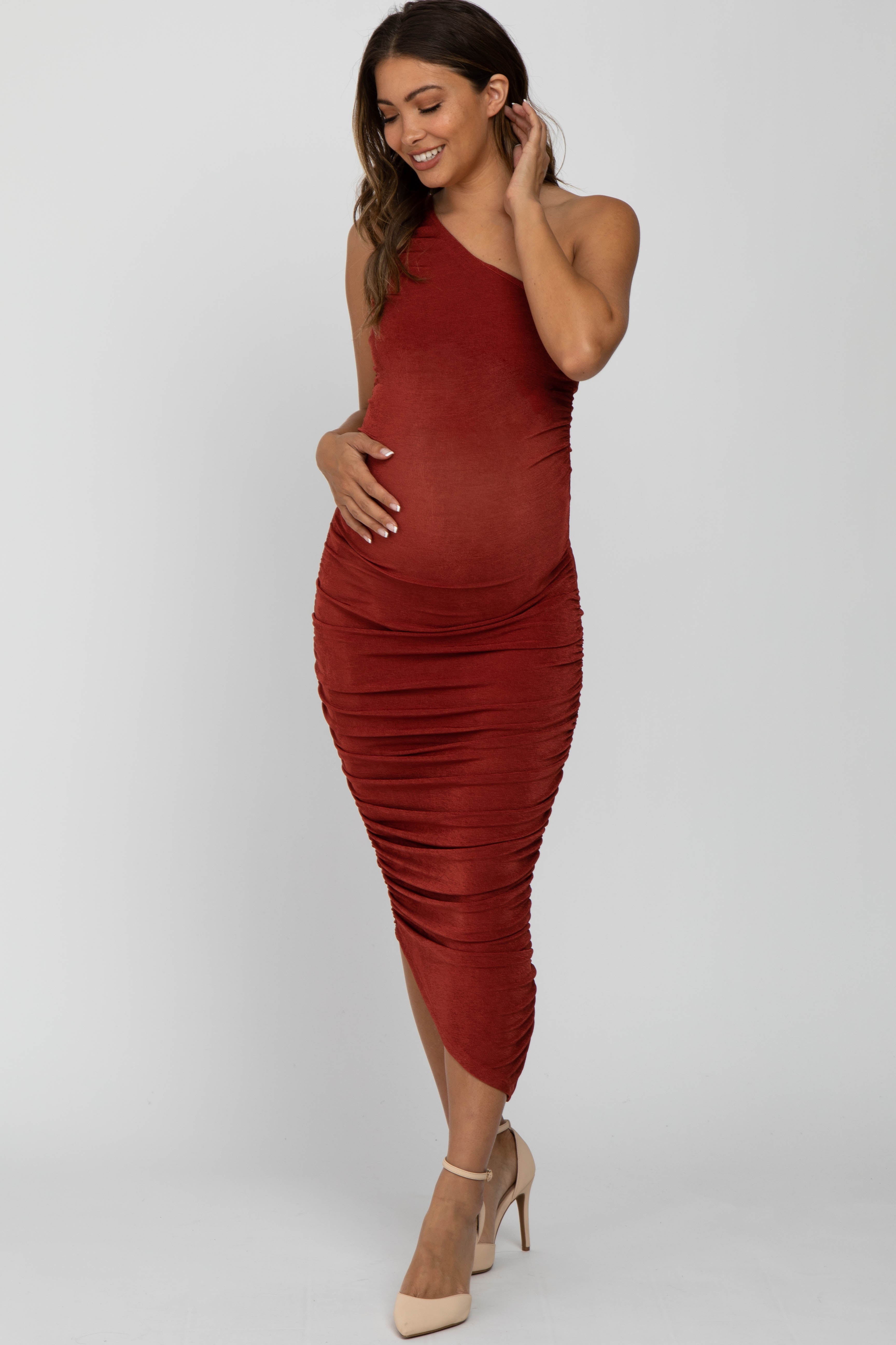 Rust One Shoulder Ruched Side Maternity Midi Dress PinkBlush