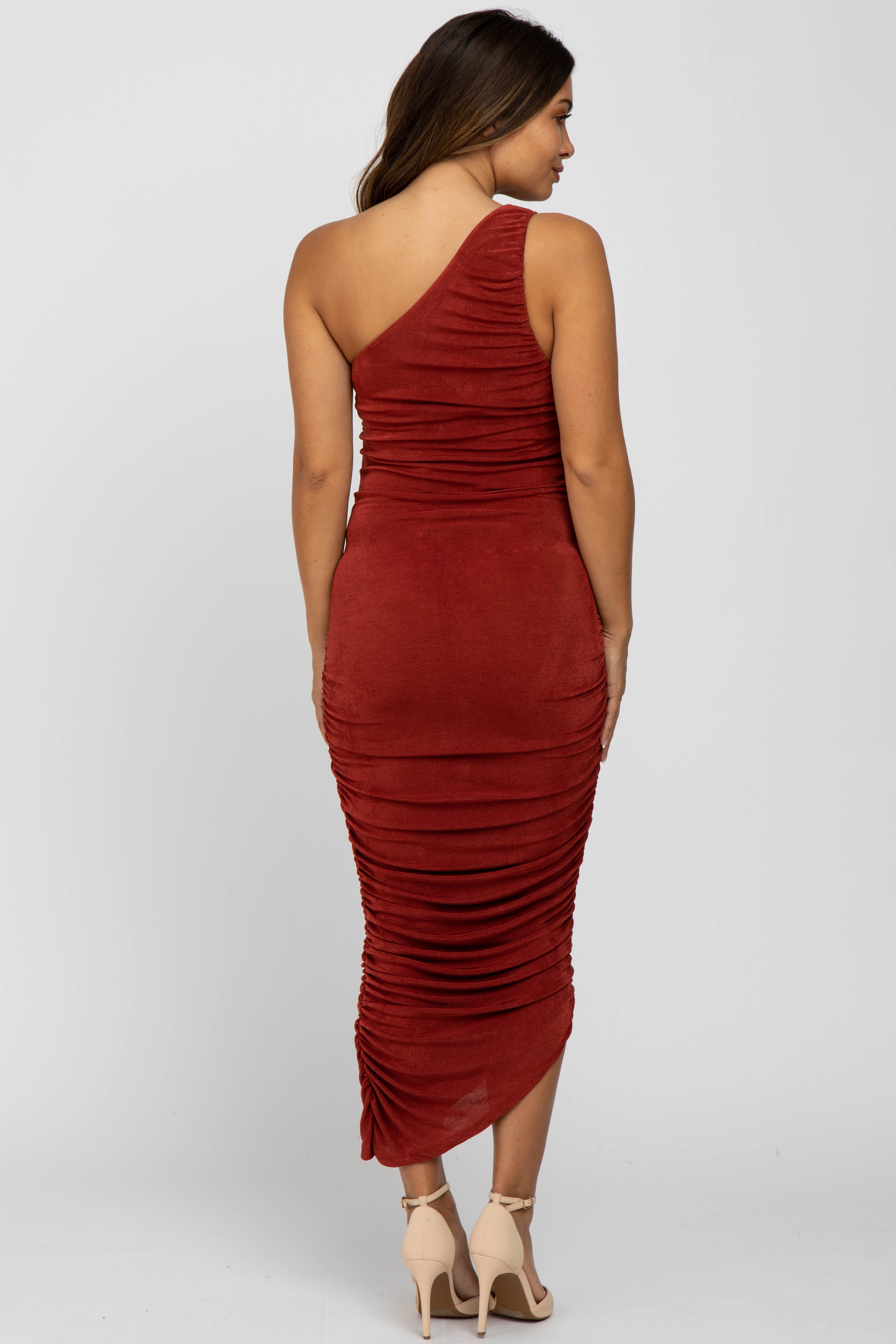 Rust One Shoulder Ruched Side Maternity Midi Dress PinkBlush