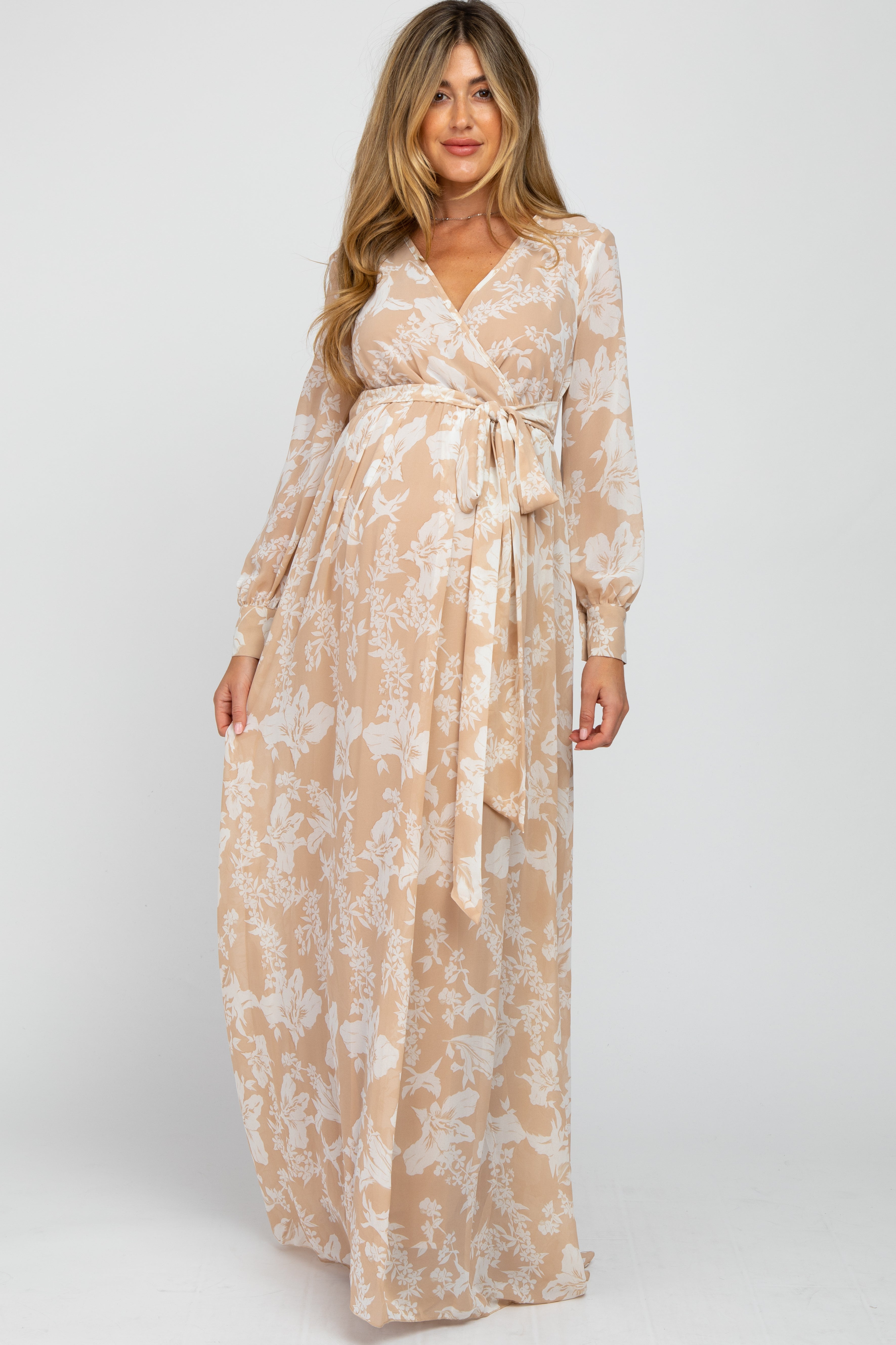 PinkBlush Taupe Floral Chiffon Maternity Maxi Dress, elegant full view for expecting mothers.