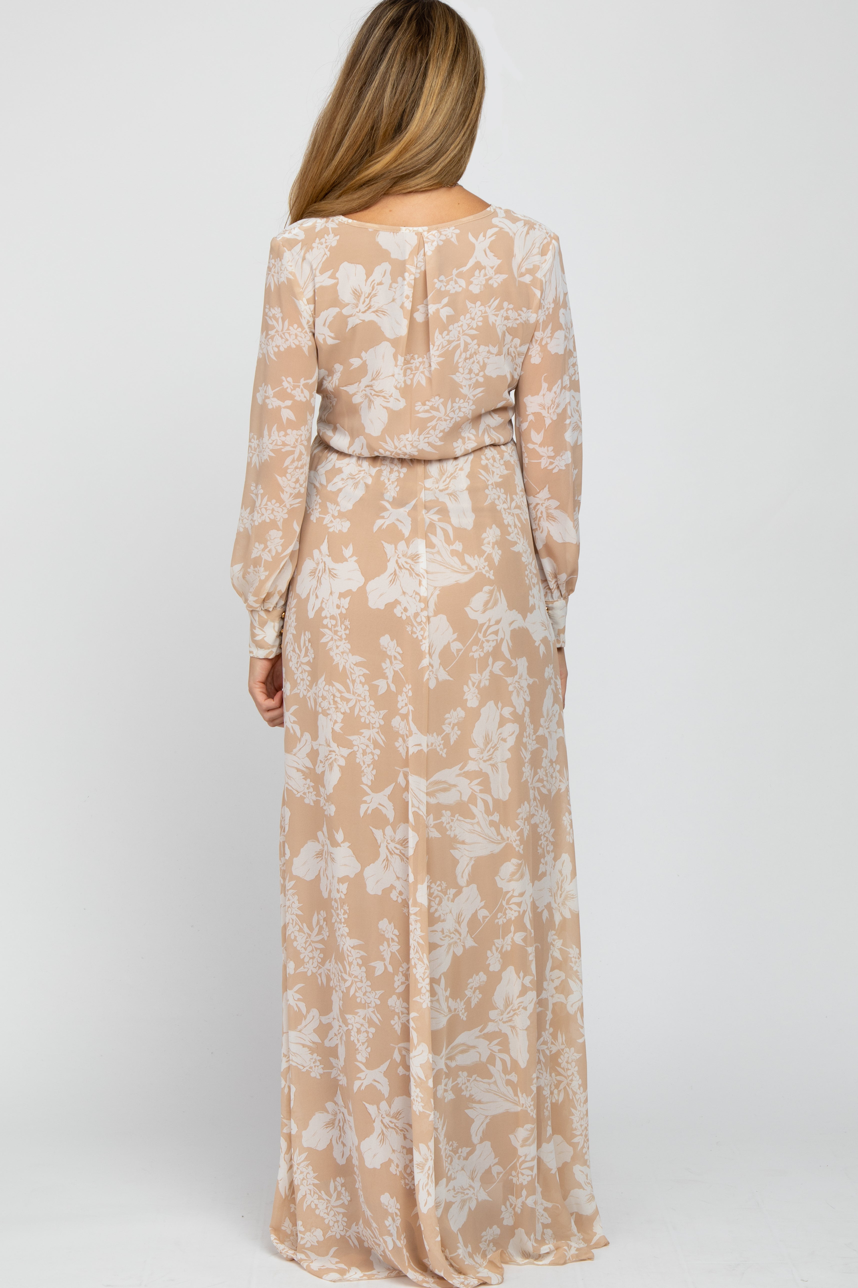 PinkBlush Taupe Floral Chiffon Maternity Maxi Dress, close-up of delicate taupe floral print on chiffon fabric.